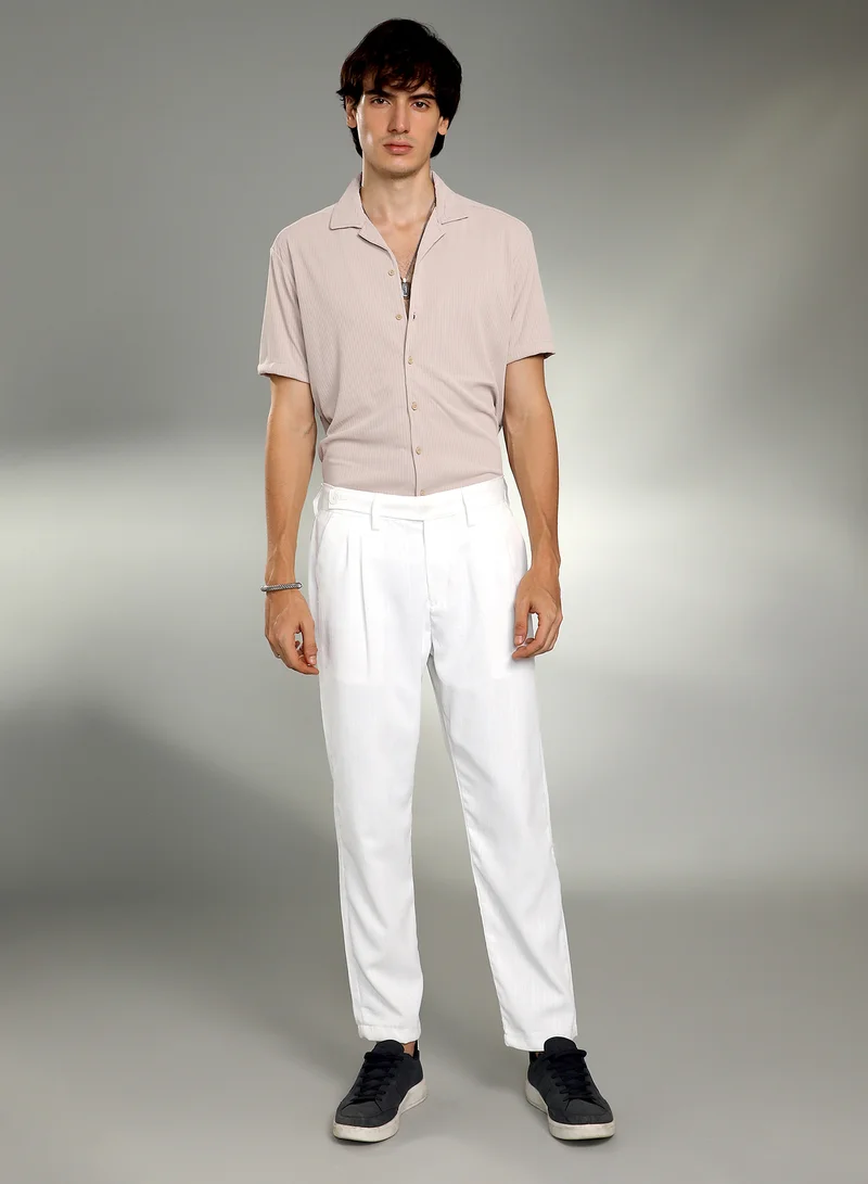 Campus Sutra  Men's Cream White Pleated Tailored Trousers For Casual Wear | Mid-Rise | 3 Pockets | Button Closure | Trousers Crafted With Comfort Fit For Everyday Wear for Men | Best Price UAE